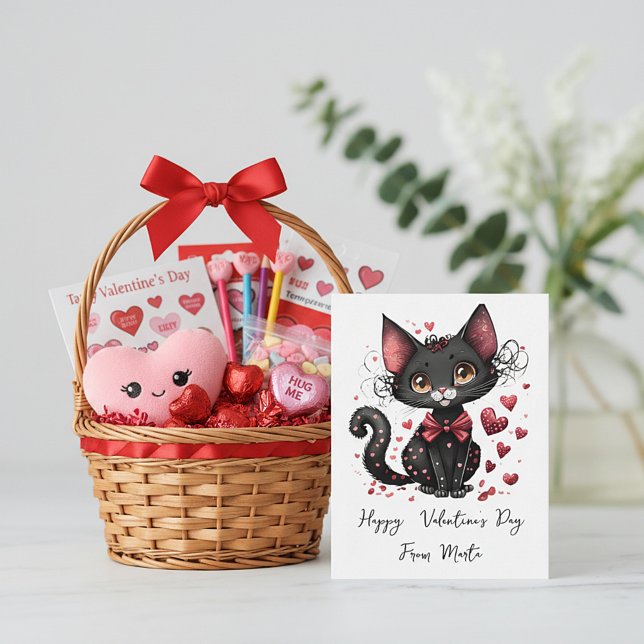 Cute black cat personalised valentine holiday card (Creator Uploaded)