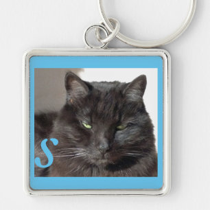 Cute Black Cat Photo Turquoise Personalised Key Ring