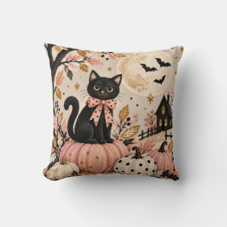 Cute Black Cat & Pink Halloween Pumpkins Cushion