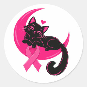 Cute Black Cat Pink Moon Breast Cancer Awareness Classic Round Sticker
