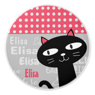 Cute Black Cat Pink Polka Dots Add Your Name Ceramic Knob