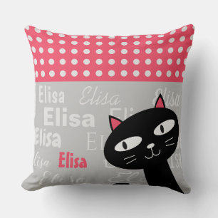 Cute Black Cat Pink Polka Dots Add Your Name Cushion