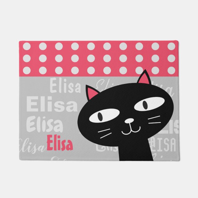 Cute Black Cat Pink Polka Dots Add Your Name Doormat (Front)