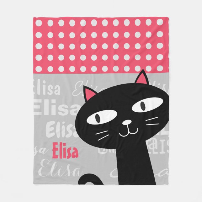 Cute Black Cat Pink Polka Dots Add Your Name Fleece Blanket (Front)
