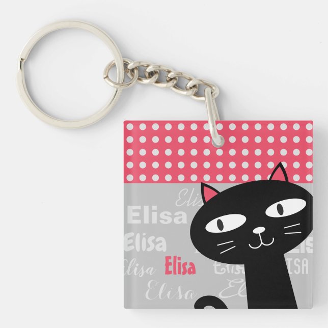 Cute Black Cat Pink Polka Dots Add Your Name Key Ring (Front)
