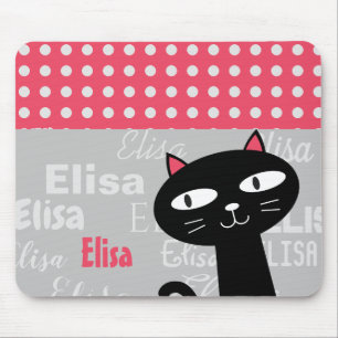 Cute Black Cat Pink Polka Dots Add Your Name Mouse Mat