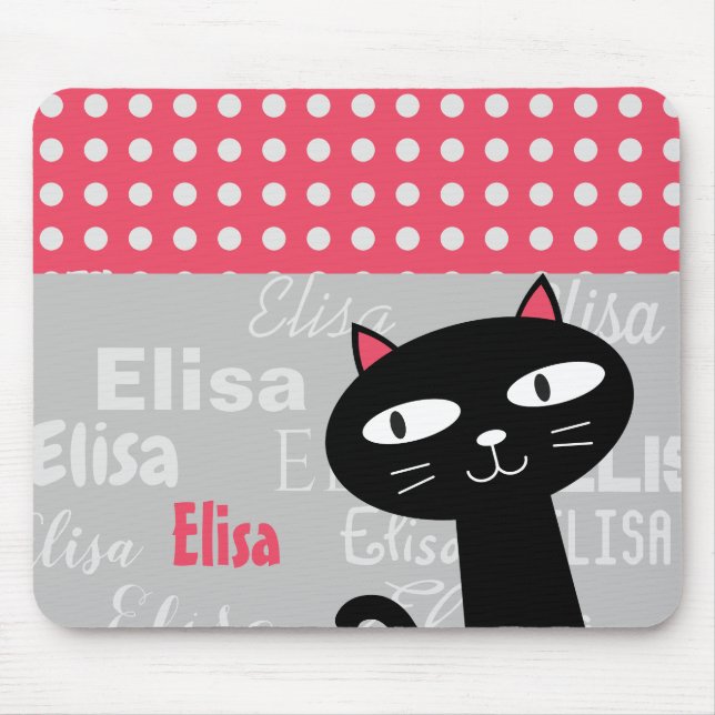 Cute Black Cat Pink Polka Dots Add Your Name Mouse Mat (Front)