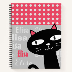 Cute Black Cat Pink Polka Dots Add Your Name Notebook