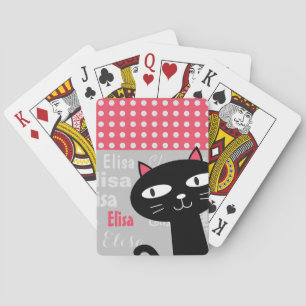 Cute Black Cat Pink Polka Dots Add Your Name Playing Cards