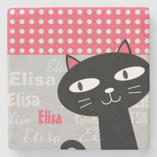 Cute Black Cat Pink Polka Dots Add Your Name Stone Coaster