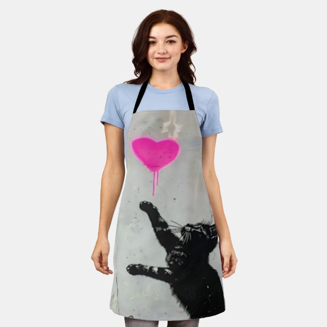 Cute Black Cat Playing with A Pink Heart Apron (Worn)