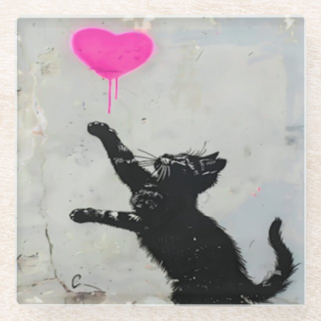 Cute Black Cat Playing with A Pink Heart Glass Coaster (Front)