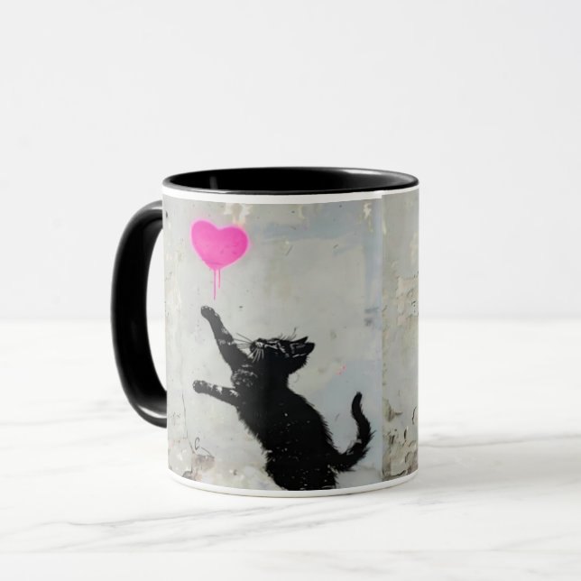 Cute Black Cat Playing with A Pink Heart Mug (Front Left)