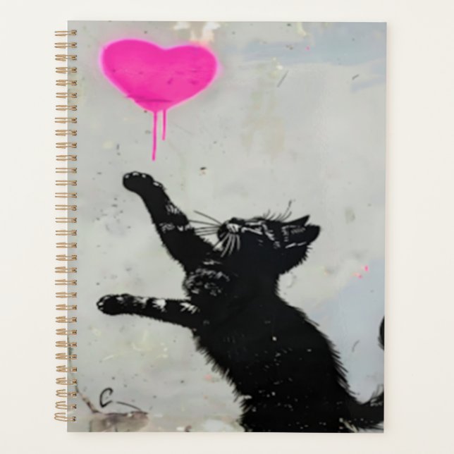 Cute Black Cat Playing with A Pink Heart Planner (Front)