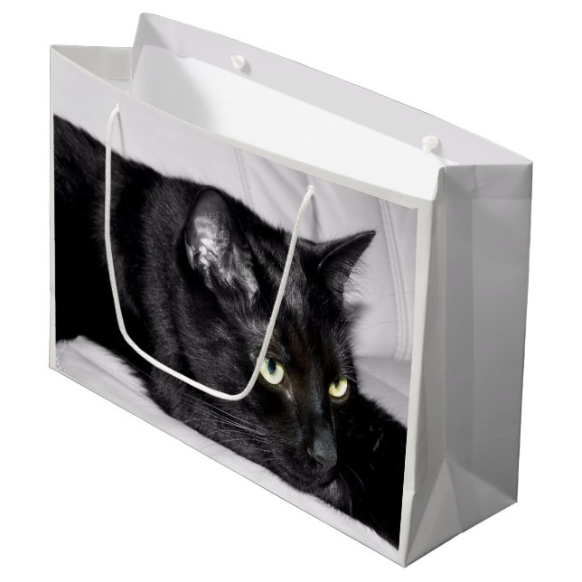 Cute Black Cat Portrait Large Gift Bag (Front Angled)