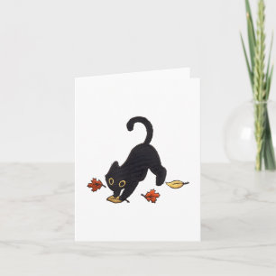 Cute Black Cat Pouncing Leaves _1 Card