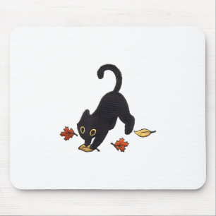 Cute Black Cat Pouncing Leaves _1 Mouse Mat