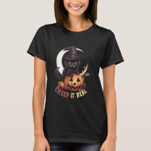 Cute Black Cat Pumpkin Creep It Real Crescent Moon T-Shirt