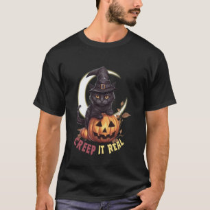 Cute Black Cat Pumpkin Creep It Real Crescent Moon T-Shirt