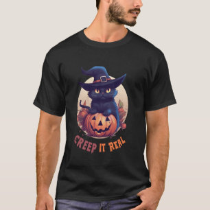 Cute Black Cat Pumpkin Creep It Real Full Moon Hal T-Shirt