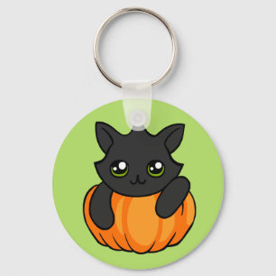 Cute Black Cat Pumpkin Drawing Halloween Keychain