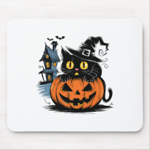 Cute Black Cat Pumpkin For Halloween And Thanksgiv Mouse Mat
