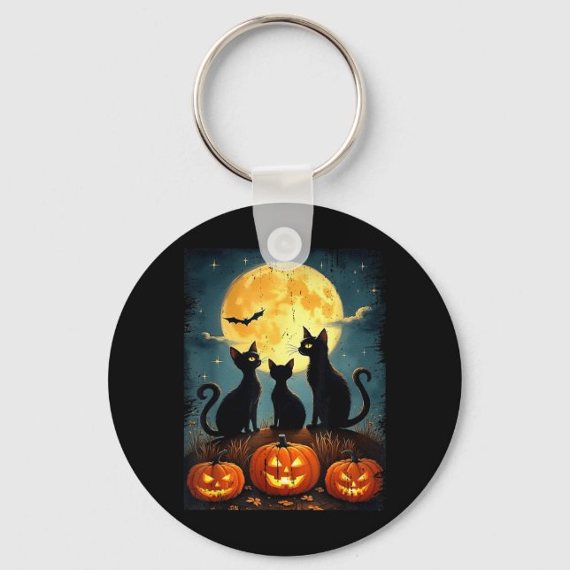 Cute Black Cat Pumpkin Halloween Costume Fall Key Ring (Front)