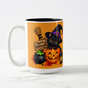 Cute Black Cat & Pumpkin Halloween Design Two-Tone Coffee Mug