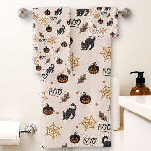 Cute Black Cat Pumpkin Halloween Pattern Bath Towel Set