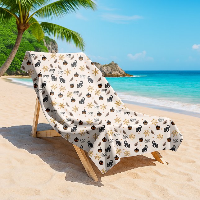 Cute Black Cat Pumpkin Halloween Pattern Beach Towel (Creator Uploaded)