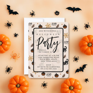 Cute Black Cat Pumpkin Halloween Pattern Invitation