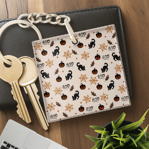 Cute Black Cat Pumpkin Halloween Pattern Key Ring
