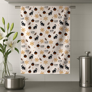 Cute Black Cat Pumpkin Halloween Pattern Tea Towel