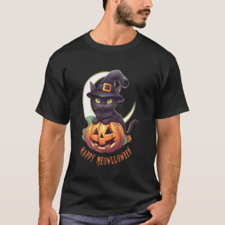 Cute Black Cat & Pumpkin Happy Meowlloween Crescen T-Shirt