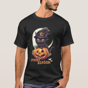 Cute Black Cat Pumpkin Spooky Season Crescent Moon T-Shirt