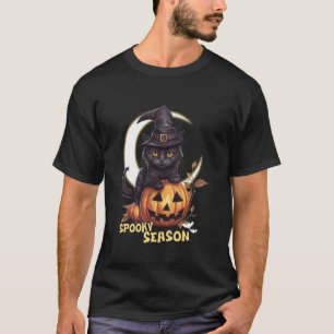 Cute Black Cat Pumpkin Spooky Season Crescent Moon T-Shirt