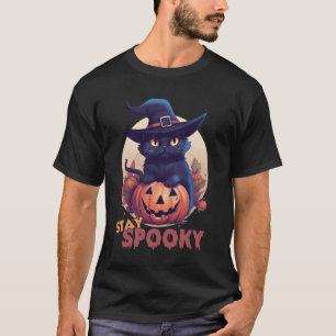 Cute Black Cat & Pumpkin Stay Spooky Full Moon Hal T-Shirt