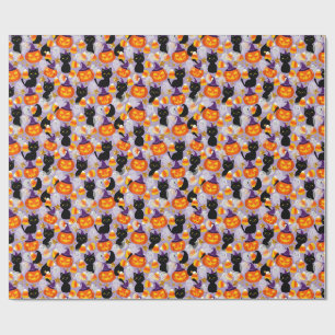 Cute Black Cat, Pumpkins and Candy Corn Wrapping Paper