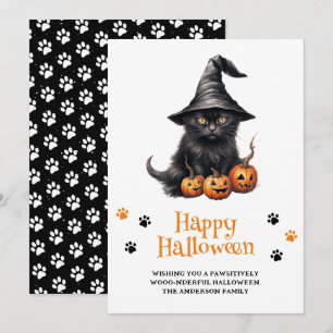 Cute Black Cat Pumpkins Happy Halloween Holiday Card
