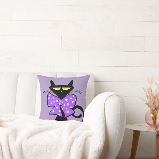 Cute Black Cat Purple Bow Polk a dot Throw Pillow (Couch)