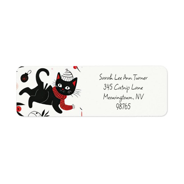 Cute Black Cat Retro Christmas Return Address (Front)