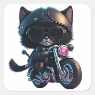 Cute Black Cat Riding a Motorcycle Square Sticker