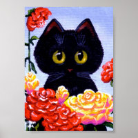 Cute Black Cat Roses Flowers Big Eyes Creationarts