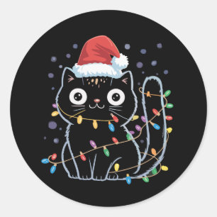 Cute Black Cat Santa Christmas Lights Meow Kitty  Classic Round Sticker