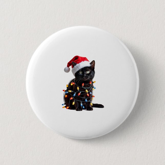 Cute Black Cat Santa Christmas Lights Meow Kitty K 6 Cm Round Badge (Front)