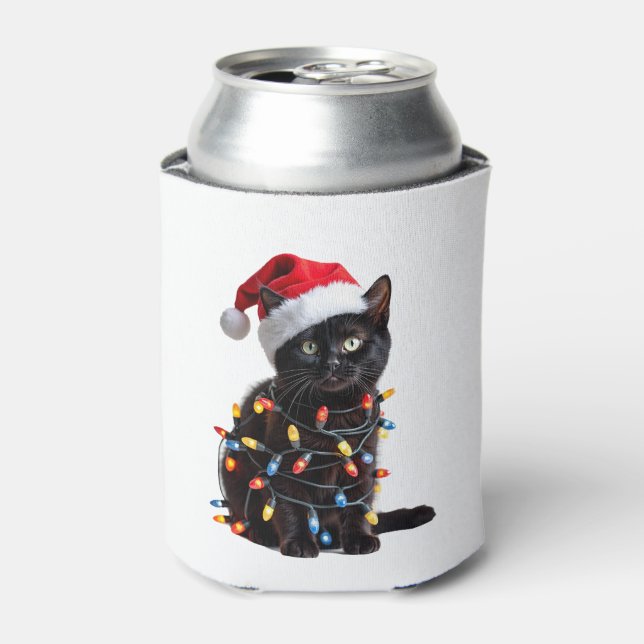 Cute Black Cat Santa Christmas Lights Meow Kitty K Can Cooler (Can Front)