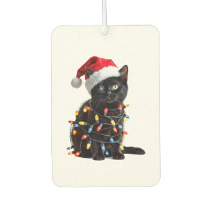 Cute Black Cat Santa Christmas Lights Meow Kitty K Car Air Freshener