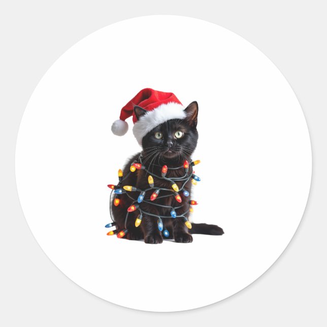 Cute Black Cat Santa Christmas Lights Meow Kitty K Classic Round Sticker (Front)