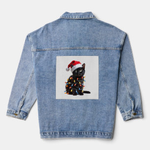 Cute Black Cat Santa Christmas Lights Meow Kitty K Denim Jacket