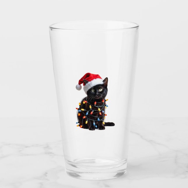 Cute Black Cat Santa Christmas Lights Meow Kitty K Glass (Front)